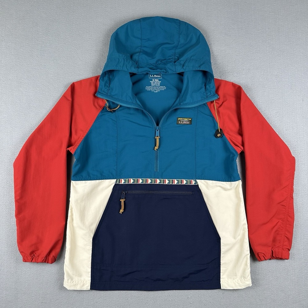 LL Bean Mountain Classic Anorak Jacket Women's Medium Blue Red Hooded Pullover